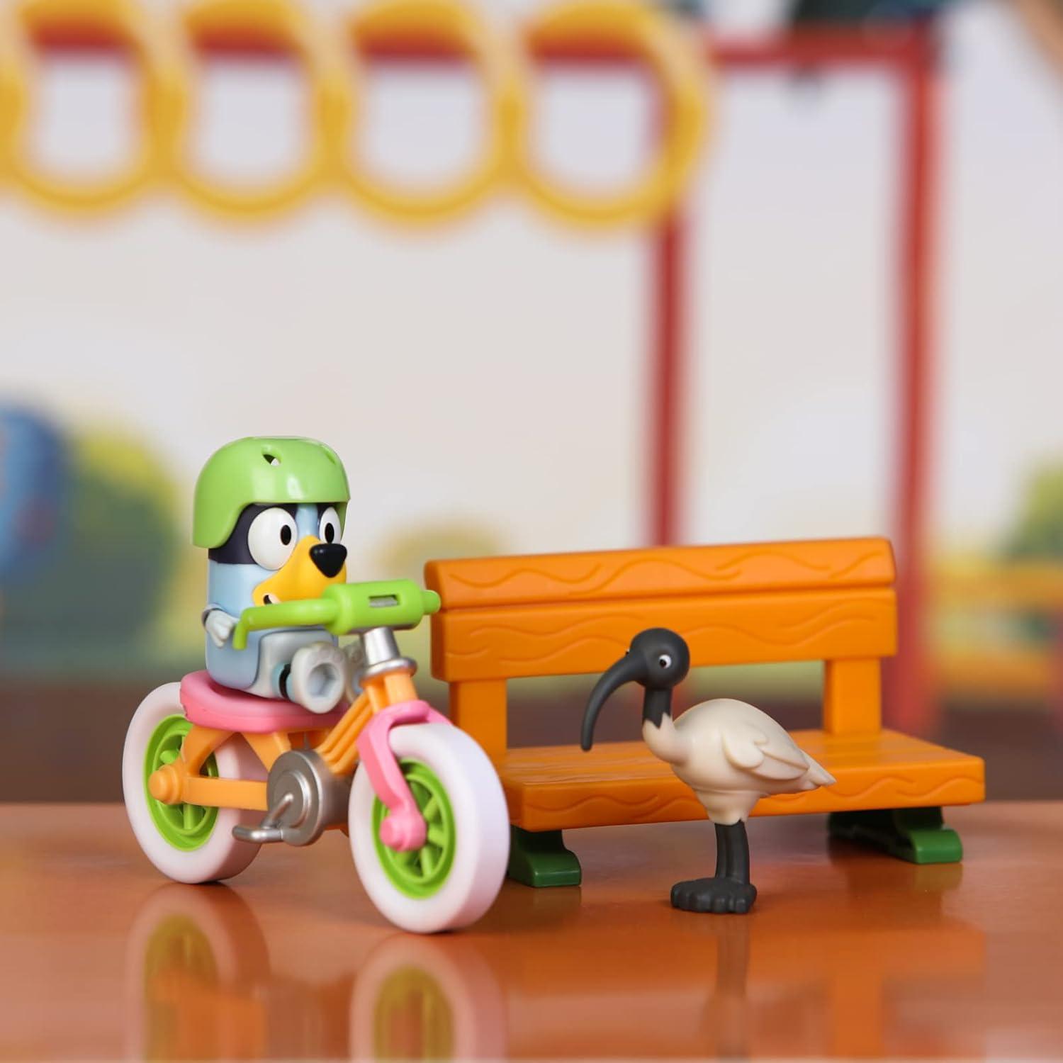 imageVehicle ampamp Figures Toy Bicycle Playset Articulated Bluey Figure with Park Bench Accessory and Bin Chicken Figurine Immersive Bike Toy for Kids Age 3