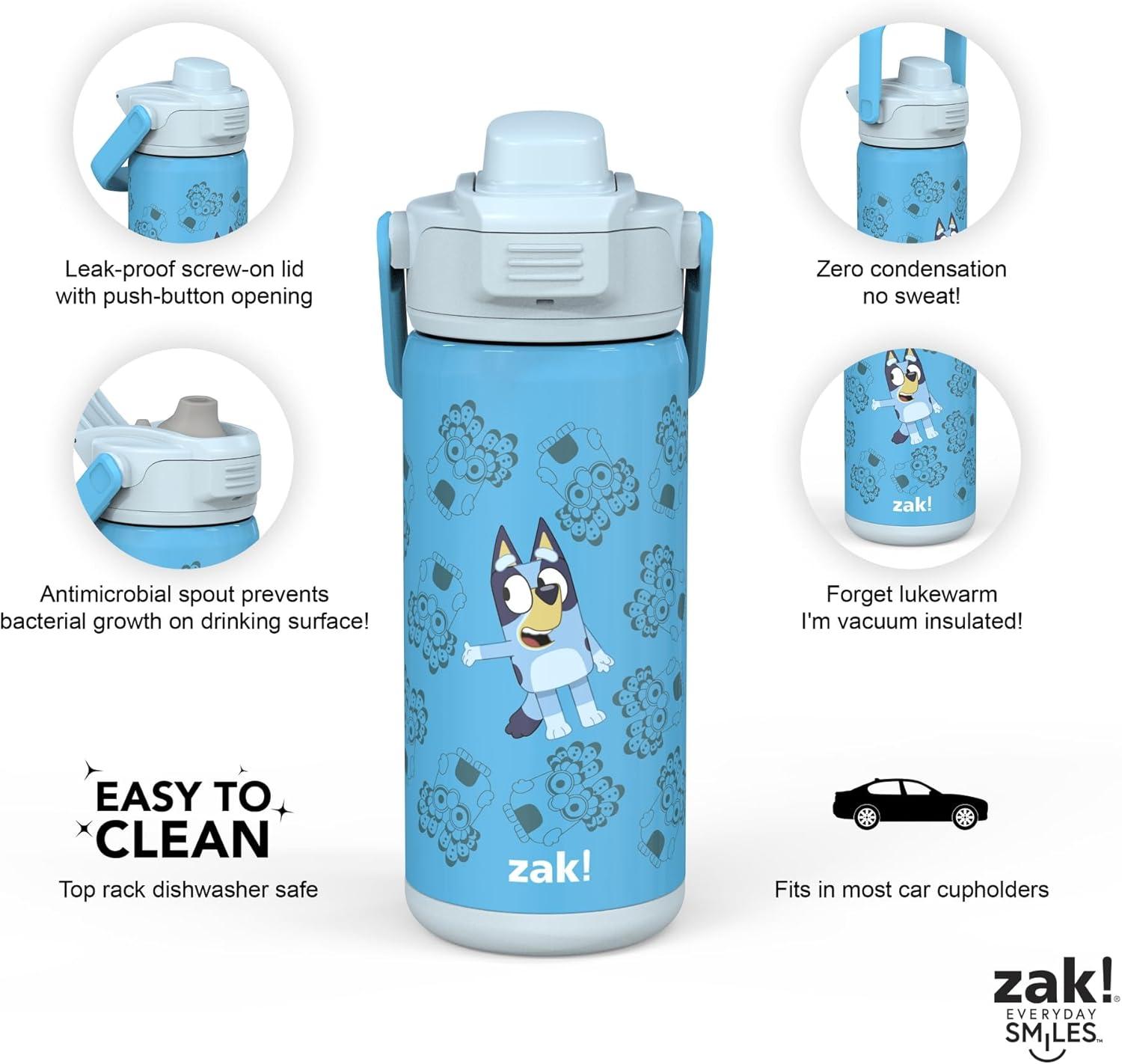 imageZak Designs Beacon Insulated Bottle Bluey 14 oz Durable Stainless Steel DoubleWall Vacuum Insulation Silicone Spout ampamp PushButton LeakProof Lid Dishwasher Safe