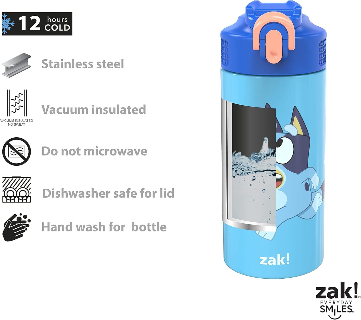 imageZak Designs Bluey 14 oz Double Wall Vacuum Insulated Thermal Kids Water Bottle 188 Stainless Steel FlipUp Straw Spout Locking Spout Cover Durable Cup for Sports or Travel