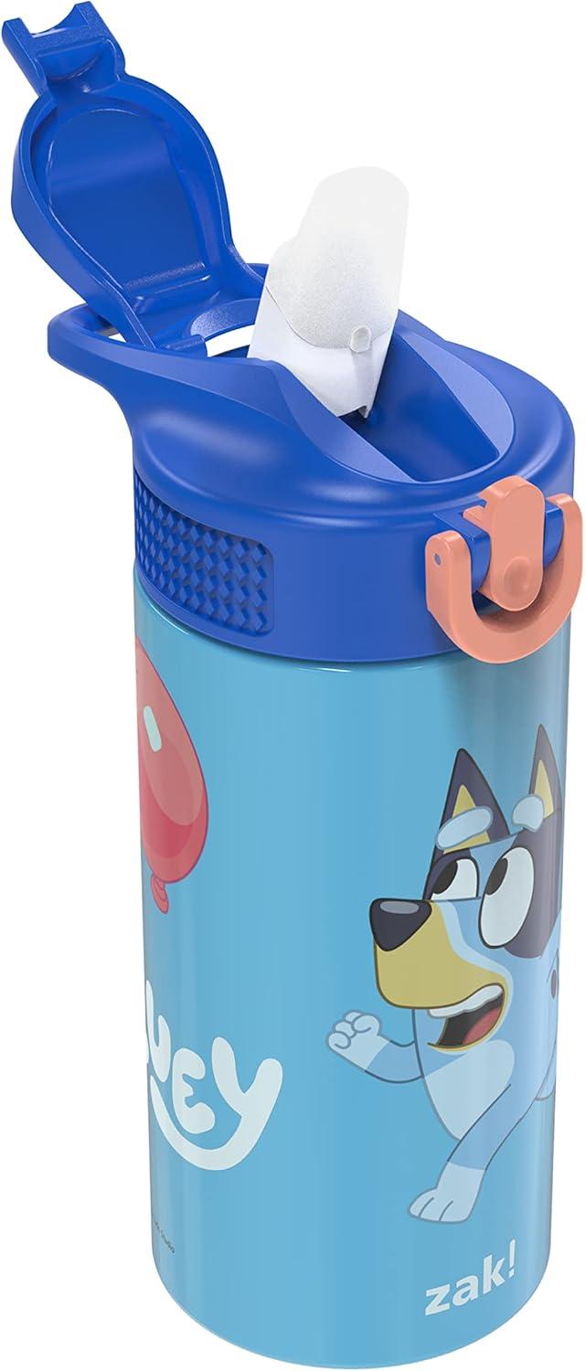 imageZak Designs Bluey 14 oz Double Wall Vacuum Insulated Thermal Kids Water Bottle 188 Stainless Steel FlipUp Straw Spout Locking Spout Cover Durable Cup for Sports or Travel