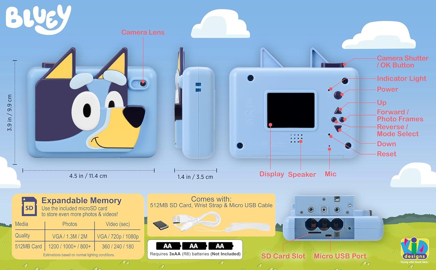 imageekids Bluey Kids Camera with SD Card Digital Camera for Kids with Video Recording Builtin Digital Stickers Bluey Toys Make Great Stocking Stuffers for Kids