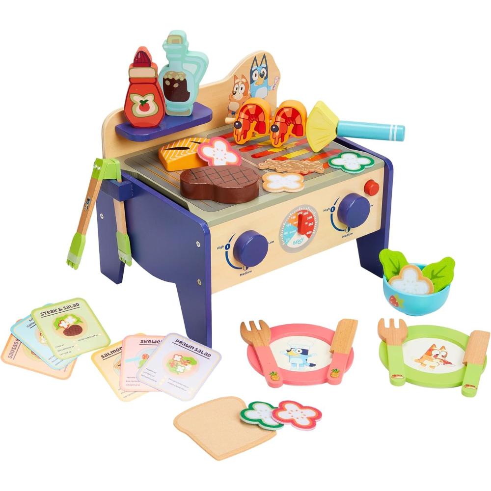 image8th Wonder Wooden Bluey Toys Picnic Carrying Case 30Piece Picnic Basket Toy with Cutlery and Food Accessories Outdoor Food Toys for Kids of Ages 3BBQ Grill Set
