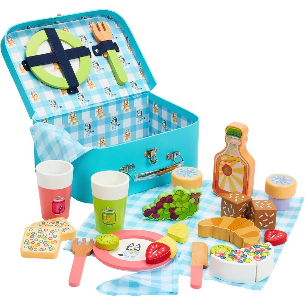 image8th Wonder Wooden Bluey Toys Picnic Carrying Case 30Piece Picnic Basket Toy with Cutlery and Food Accessories Outdoor Food Toys for Kids of Ages 3Picnic Set