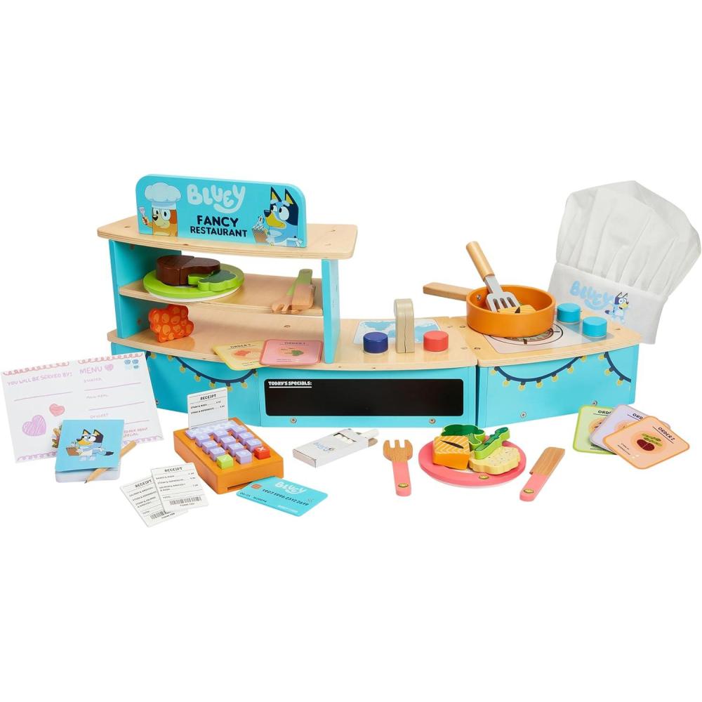 image8th Wonder Wooden Bluey Toys Picnic Carrying Case 30Piece Picnic Basket Toy with Cutlery and Food Accessories Outdoor Food Toys for Kids of Ages 3Tabletop Restaurant
