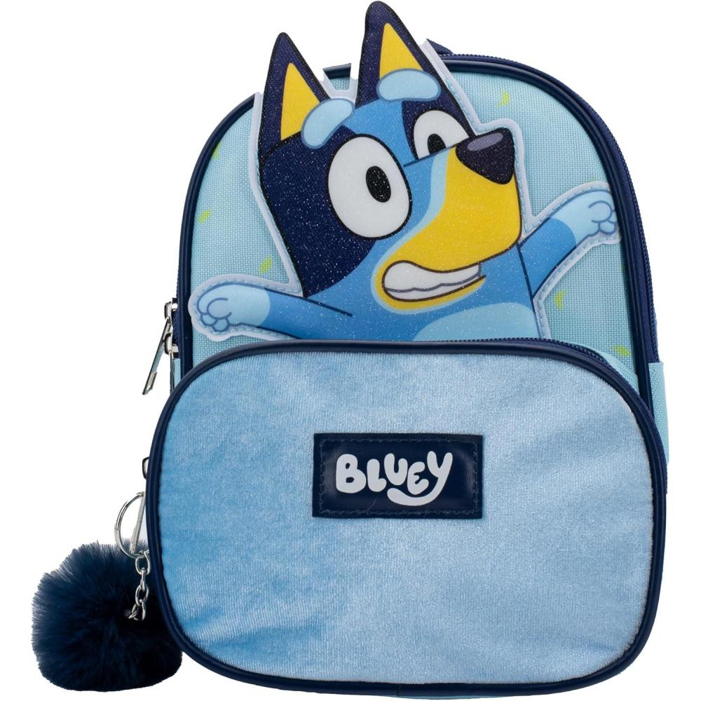 imageAI ACCESSORY INNOVATIONS Bluey 9 Micro Mini Backpack Purse Featuring a 3D Bluey Glitter Patch with Pom Pom Dangle BlueBluey