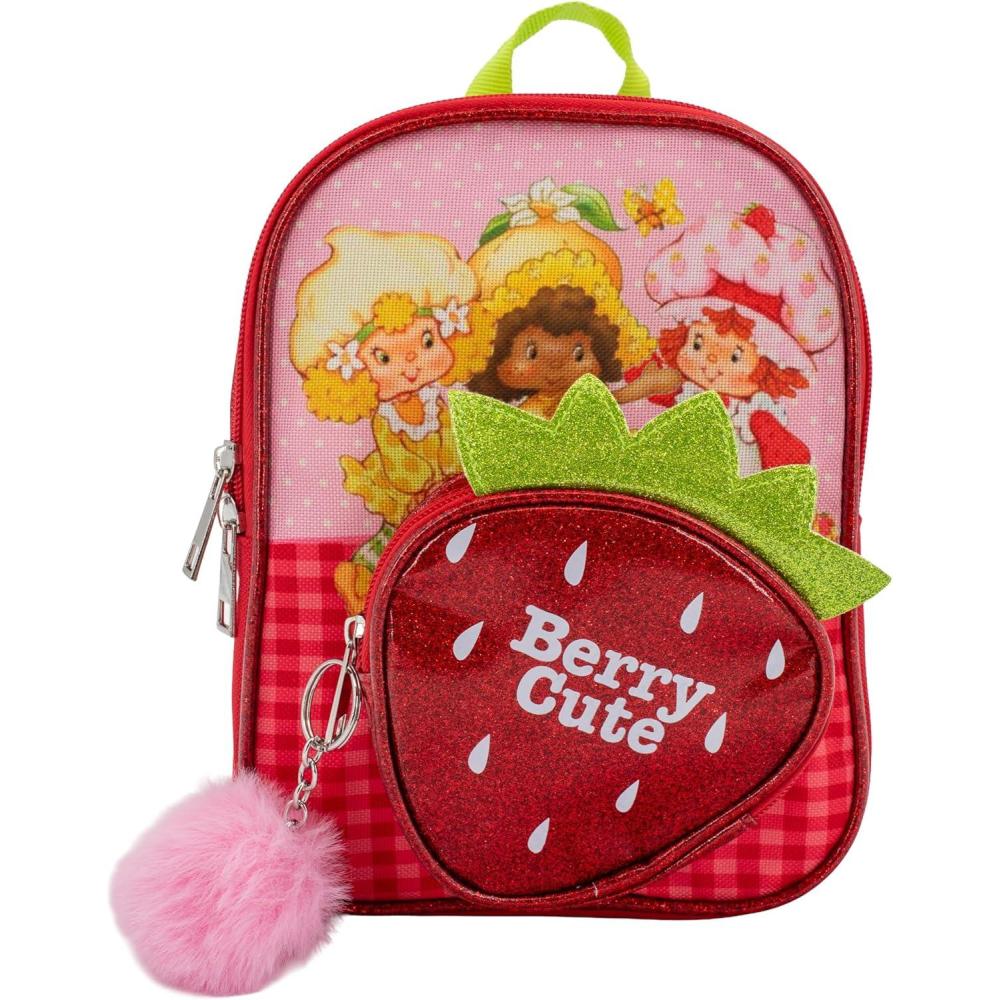 imageAI ACCESSORY INNOVATIONS Bluey 9 Micro Mini Backpack Purse Featuring a 3D Bluey Glitter Patch with Pom Pom Dangle BlueStrawberry Shortcake