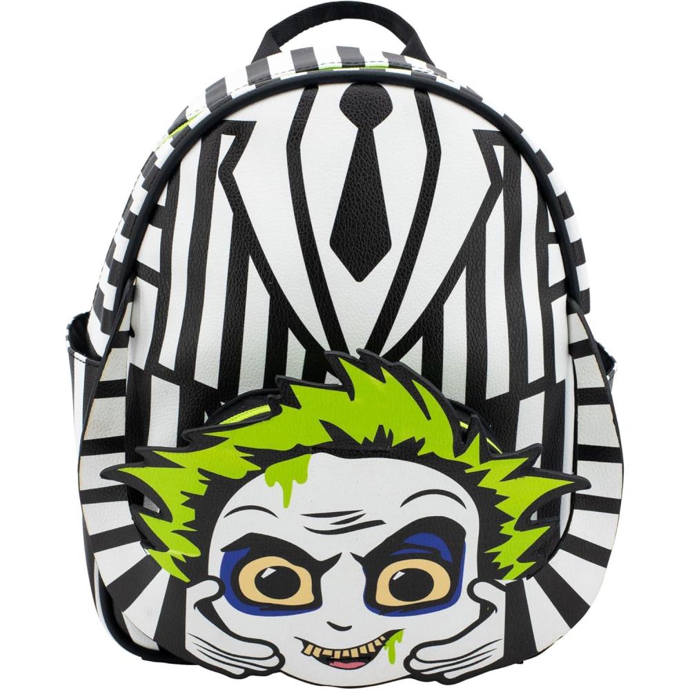 imageAI ACCESSORY INNOVATIONS Bluey Big Face Mini Cosplay PU Backpack Purse Shoulder Bag with Epoxy Filled Metal Pineapple Charm 105 Inch Adjustable Straps Faux LeatherBeetlejuice