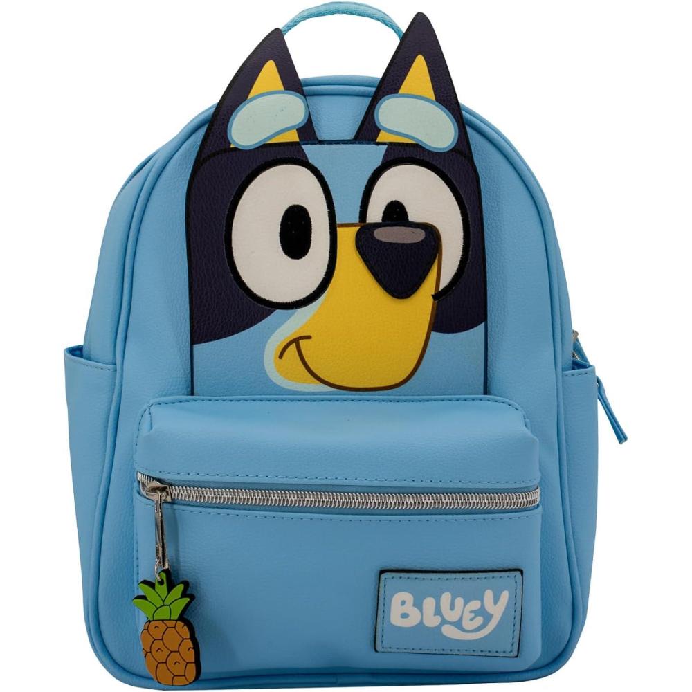 imageAI ACCESSORY INNOVATIONS Bluey Big Face Mini Cosplay PU Backpack Purse Shoulder Bag with Epoxy Filled Metal Pineapple Charm 105 Inch Adjustable Straps Faux LeatherBluey