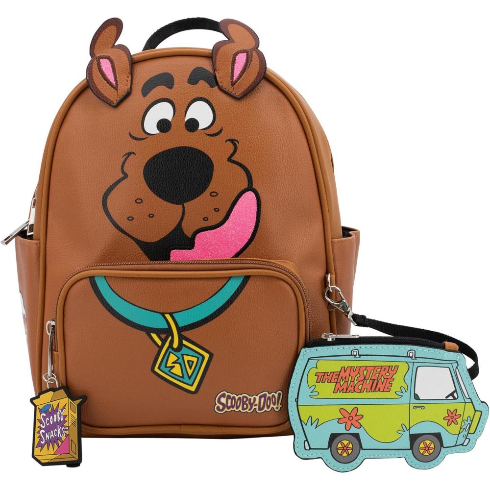 imageAI ACCESSORY INNOVATIONS Bluey Big Face Mini Cosplay PU Backpack Purse Shoulder Bag with Epoxy Filled Metal Pineapple Charm 105 Inch Adjustable Straps Faux LeatherScooby Doo