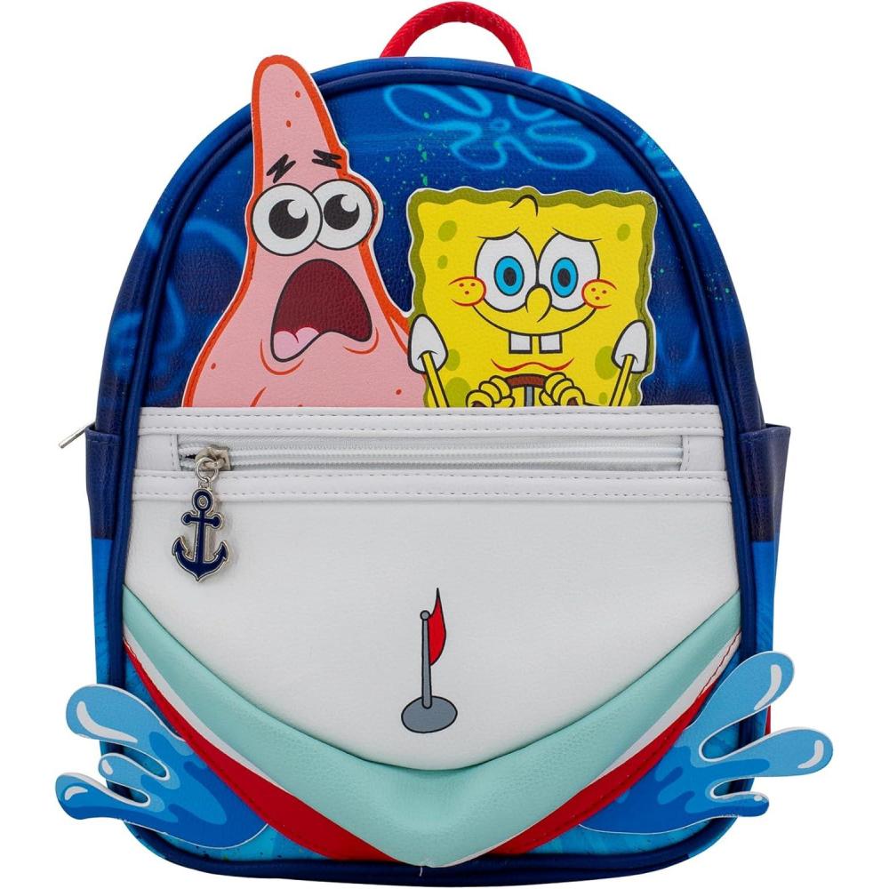 imageAI ACCESSORY INNOVATIONS Bluey Big Face Mini Cosplay PU Backpack Purse Shoulder Bag with Epoxy Filled Metal Pineapple Charm 105 Inch Adjustable Straps Faux LeatherSpongebob
