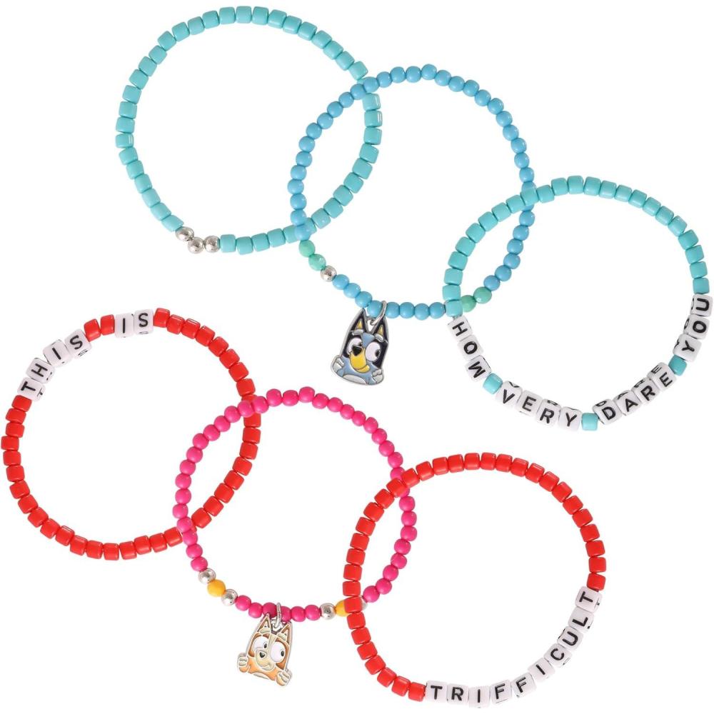 imageBingo and Bluey Bracelets for Girls 6Piece Set Official License Stretch Friendship Bracelets with Beads and Bluey Charms