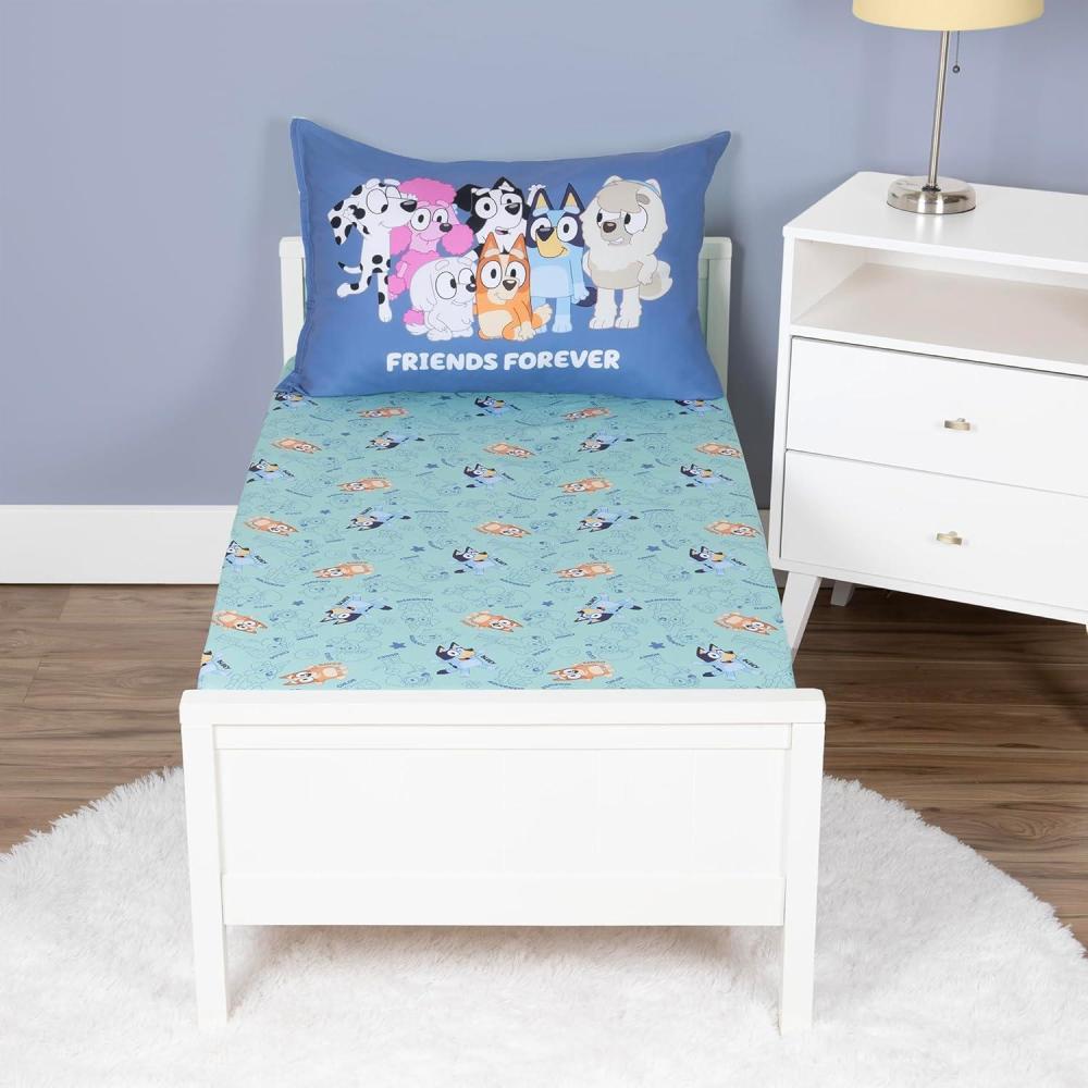 imageBluey 4 Piece Toddler Bedding Set Includes Comforter Sheet Set Fitted Top Sheet Reversible Pillowcase for Boys or Girls Bed BlueBluey Sheet Set