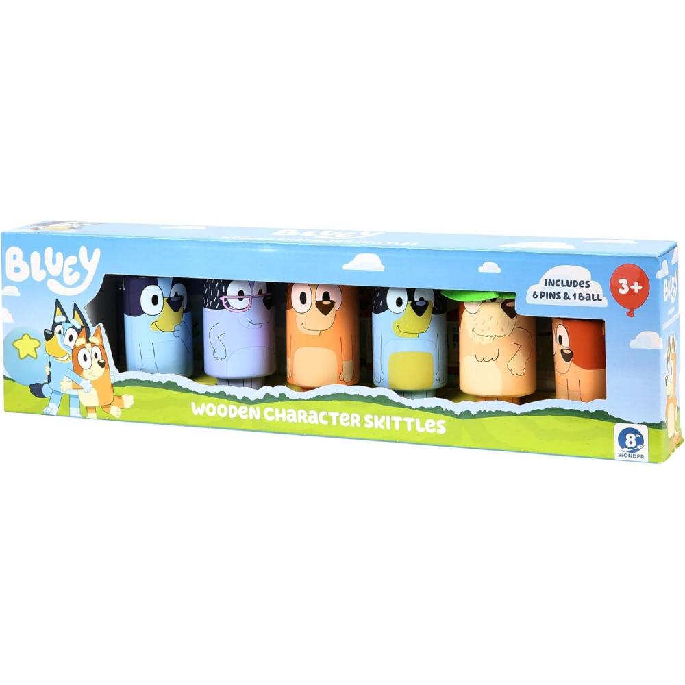 imageBluey 8th Wonder Wooden Skittles Game Set Toy Bowling Set with 6 Character Pins and 1 Bowling Ball IndoorOutdoor Play Toys for Toddler Ages 3Character Skittles