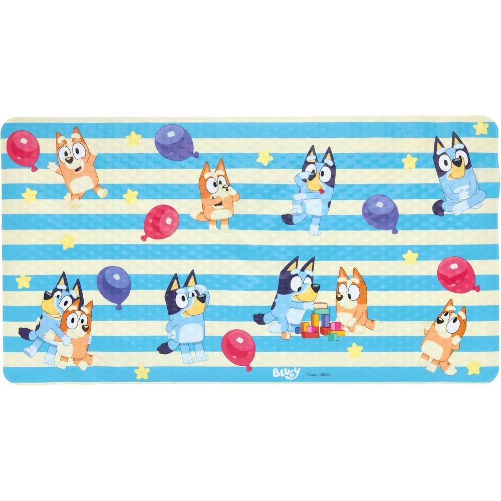 imageBluey Bath Mat for Kids Toddlers and Babies 155 by 22 Inch Non Slip Bathtub Mat with Suction Cups Machine Washable Cushioned to Protect Easy to Clean Official Bluey Characters