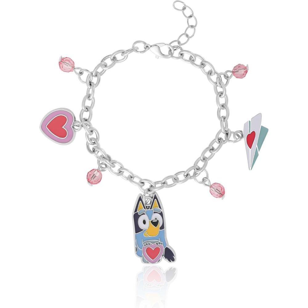 imageBluey Charm Bracelet for Girls Official License 65quot1quot Fashion Bracelet with Pink Bead and Heart Charms