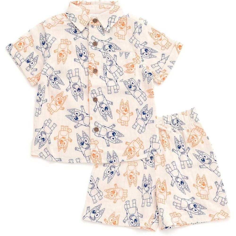 imageBluey Cotton Gauze Matching Family Outfits Dress ampamp Button Down Shirt ampamp Shorts Infant to Little Kid Sizes 12 Months 78Boys Shorts Set