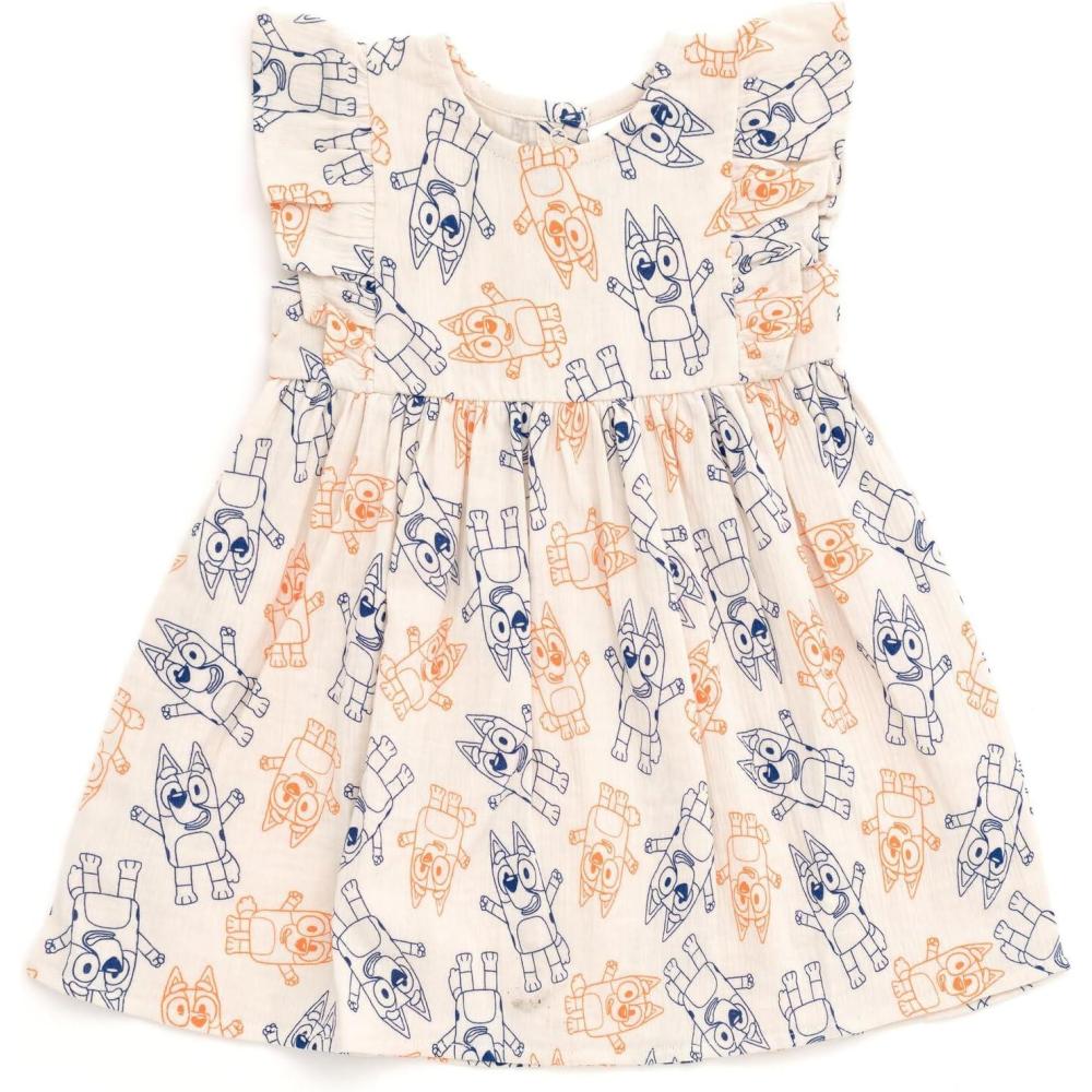 imageBluey Cotton Gauze Matching Family Outfits Dress ampamp Button Down Shirt ampamp Shorts Infant to Little Kid Sizes 12 Months 78Girls Dress
