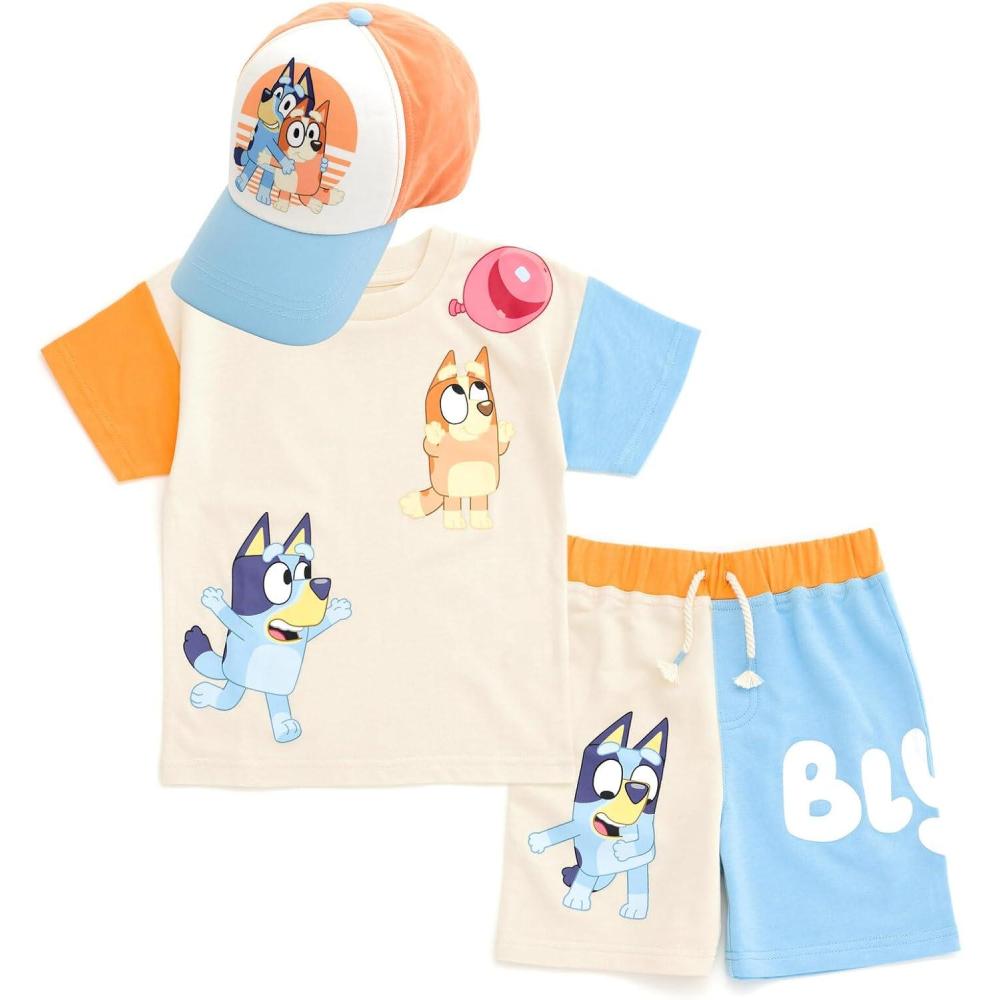 imageBluey Drop Shoulder TShirt French Terry Shorts and Adjustable Snapback Baseball Cap 3 Piece Outfit Set Toddler to Big KidBluey Bingo