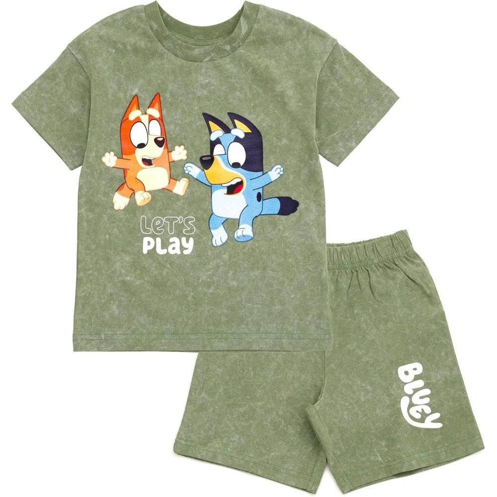 imageBluey Drop Shoulder TShirt and Shorts Outfit Set Toddler to Big Kid Sizes 2T 1012Green