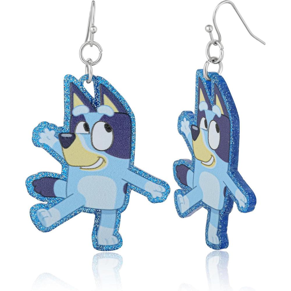 imageBluey Earrings for Girls Official License Large Acrylic Cutout Dangle Earrings with Blue Glitter Border Bluey Jewelry