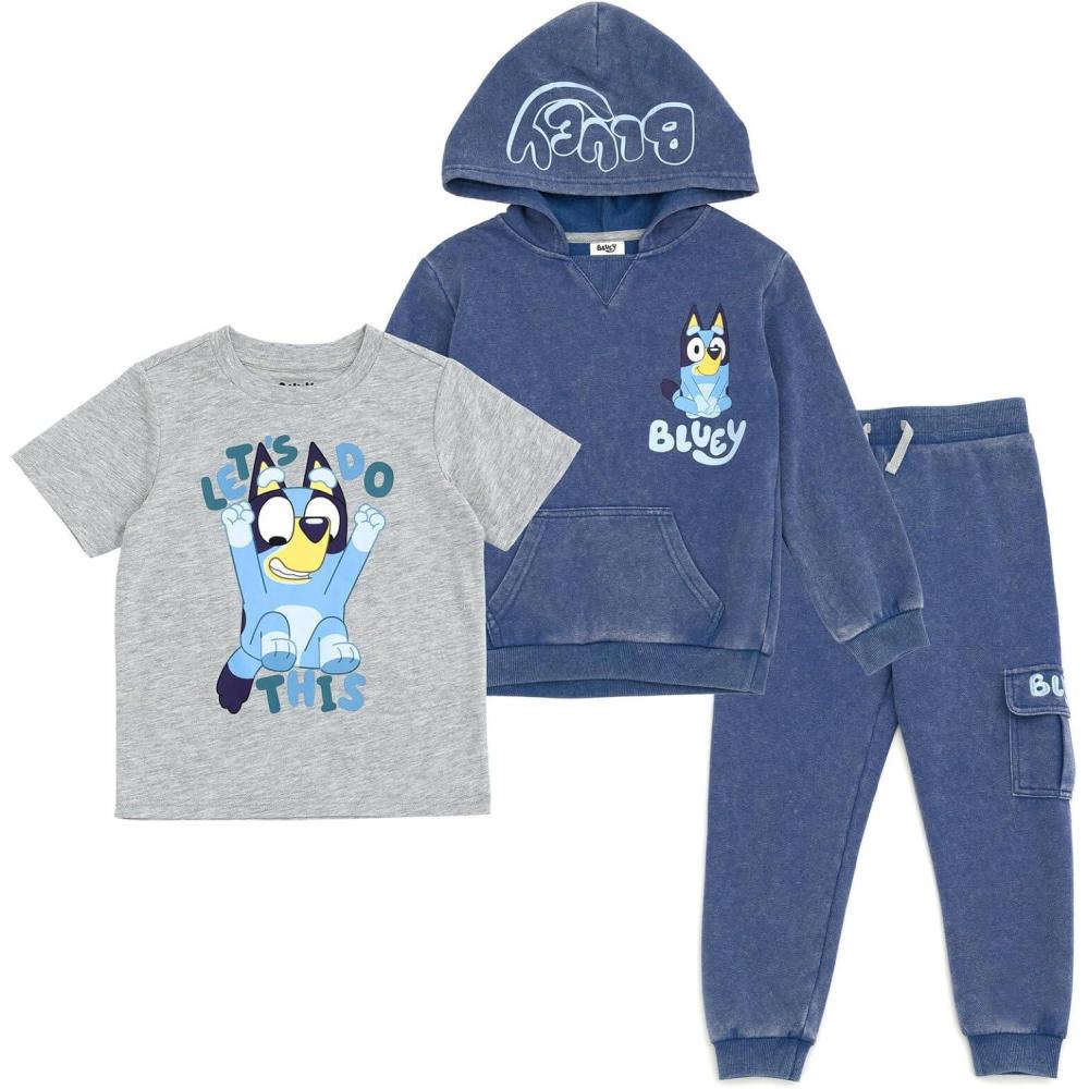 imageBluey Fleece Waffle Knit Pullover Hoodie TShirt and Jogger Pants 3 Piece Outfit Set Toddler Sizes 2T 5TBlue Gray