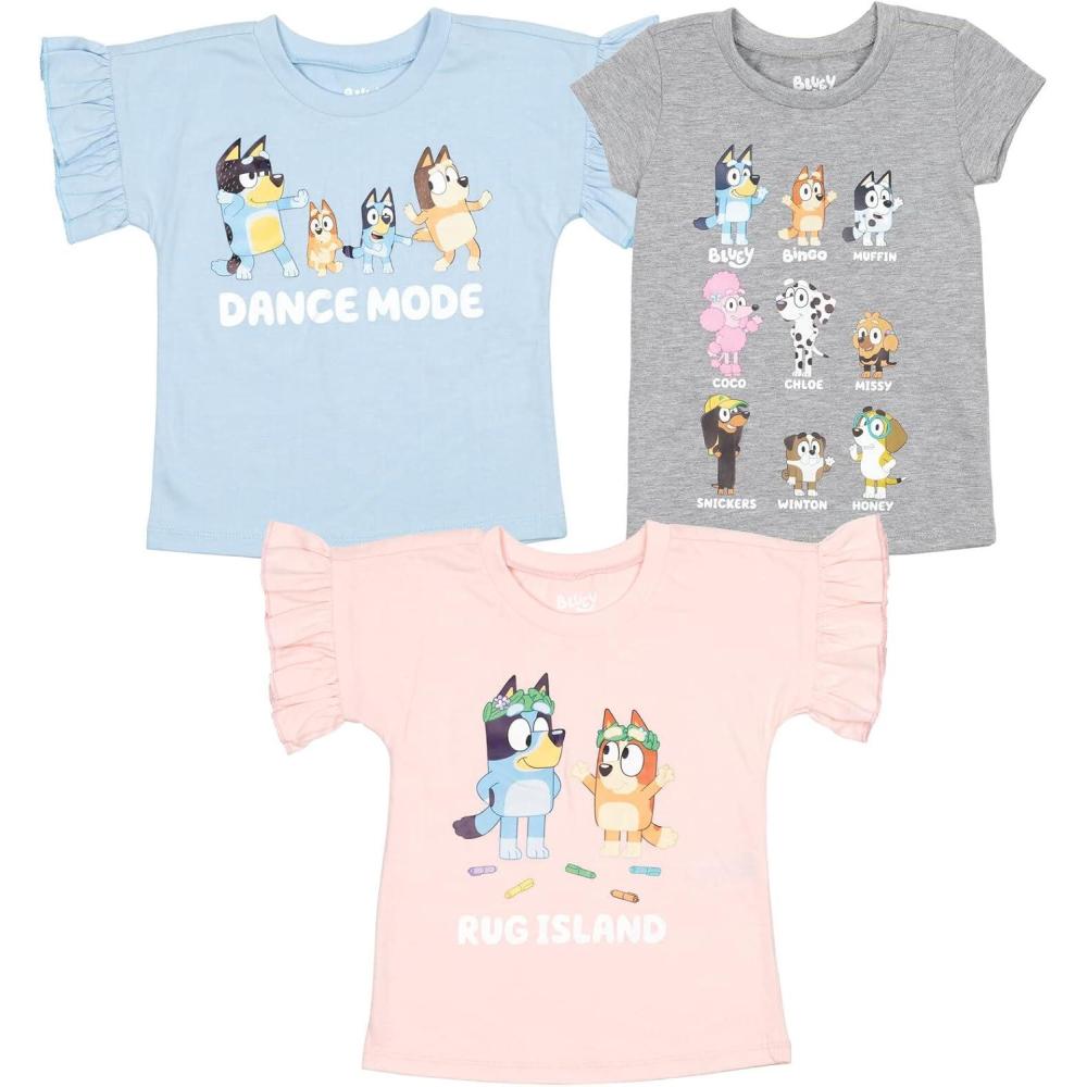 imageBluey Girls 3 Pack TShirts Toddler to Big Kid Sizes 2T 1012Blue Grey Pink
