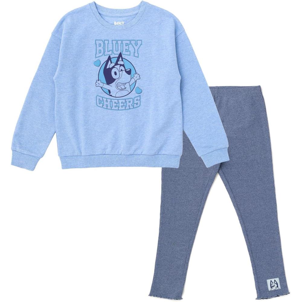 imageBluey Girls Fleece Drop Shoulder Pullover Sweatshirt and Ribbed Leggings Outfit Set Toddler to Big Kid Sizes 2T 1012Blue Bluey