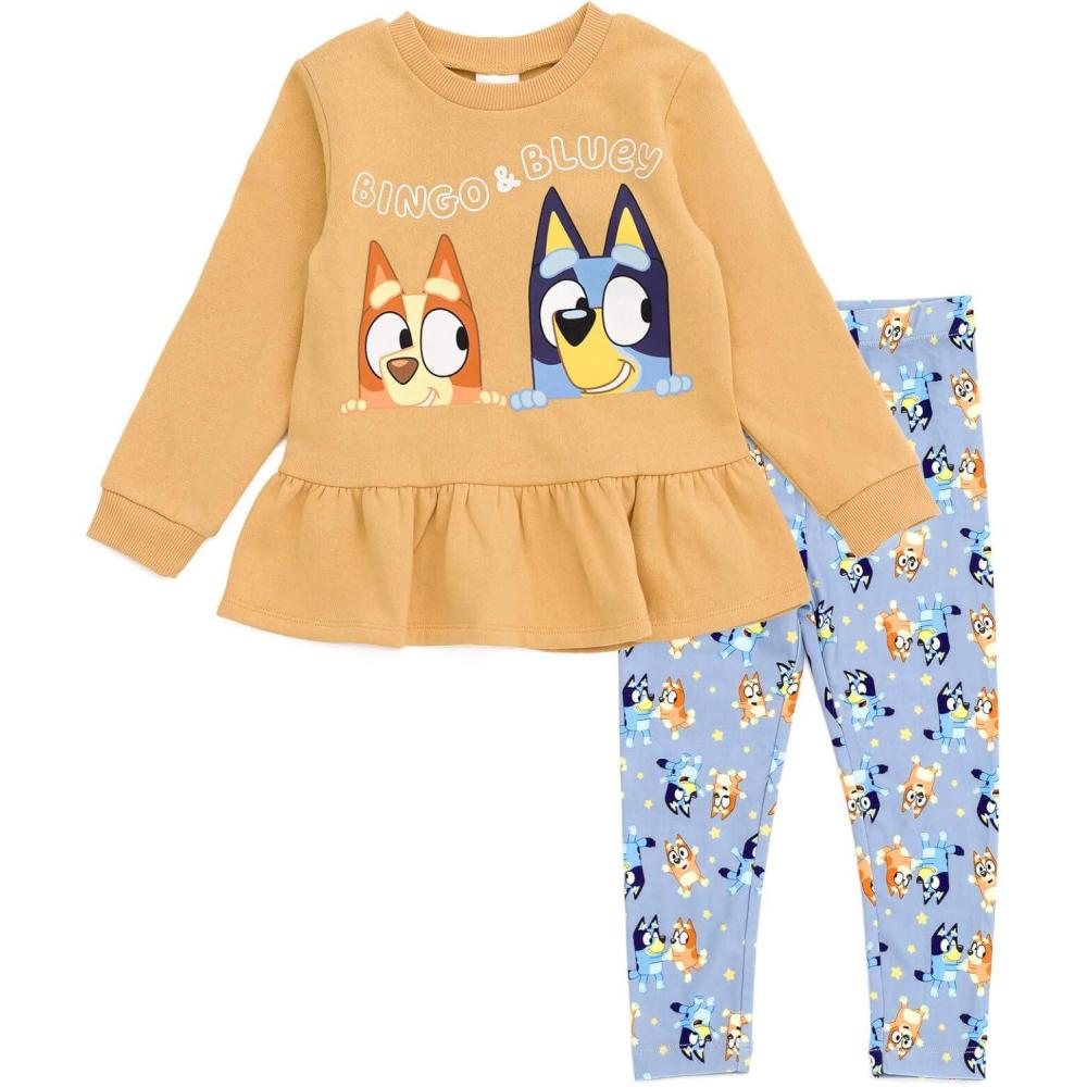 imageBluey Girls Peplum Sweatshirt and Leggings Outfit Set Toddler to Big Kid Sizes 2T 1012Orange Blue Bingo Bluey