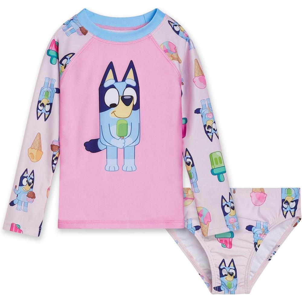 imageBluey Girls Raglan Rash Guard and Bikini Bottom UPF 50 Swim Set Toddler to Big Kid Sizes 2T 1012Pink