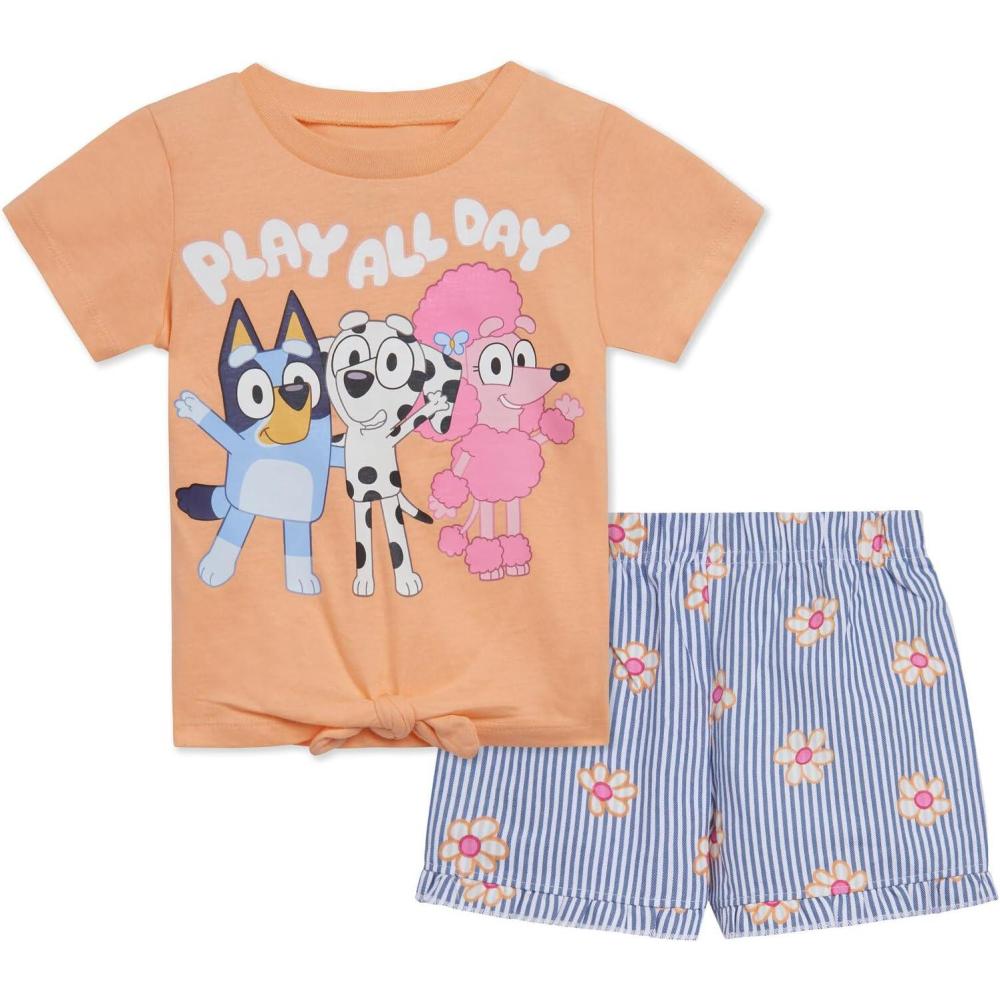 imageBluey Girls TShirt and Chambray Shorts Outfit Set Toddler to Big Kid Sizes 2T 1012Peach Blue