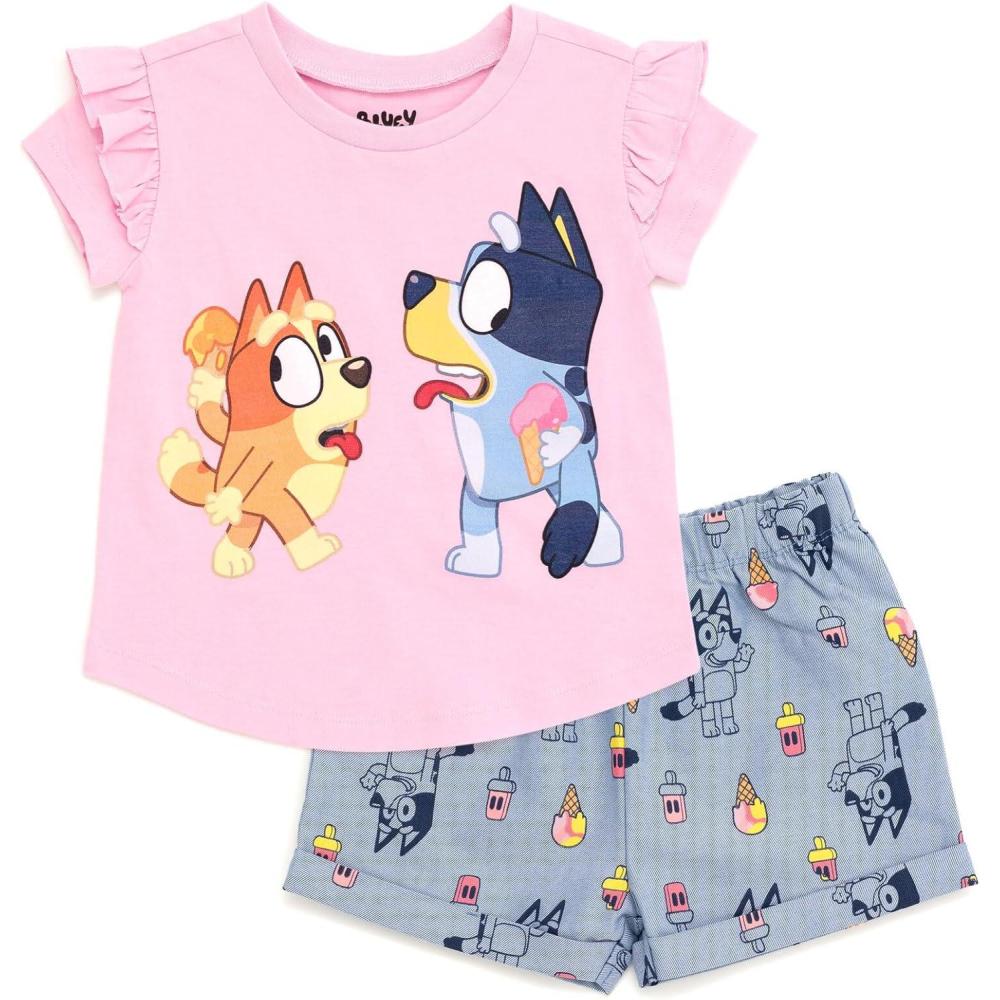 imageBluey Girls TShirt and Chambray Shorts Outfit Set Toddler to Big Kid Sizes 2T 1012Pink Multicolor