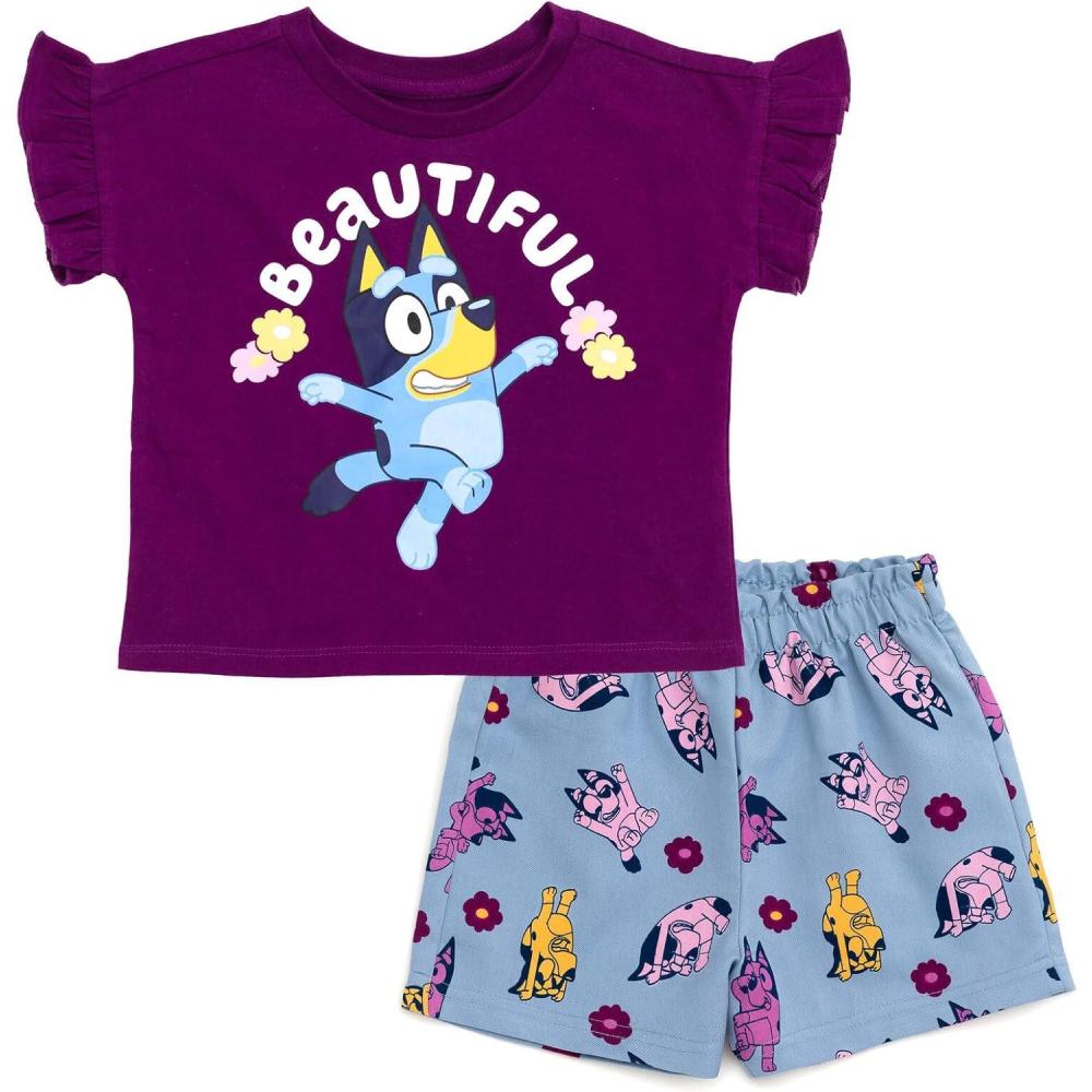 imageBluey Girls TShirt and Chambray Shorts Outfit Set Toddler to Big Kid Sizes 2T 1012Plum Purple Blue
