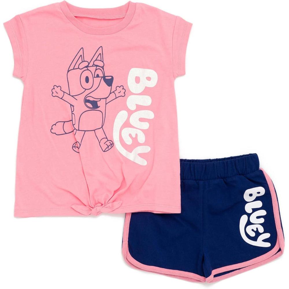 imageBluey Girls TShirt and French Terry Dolphin Shorts Outfit Set Toddler to Big Kid Sizes 2T 1012Pink Blue
