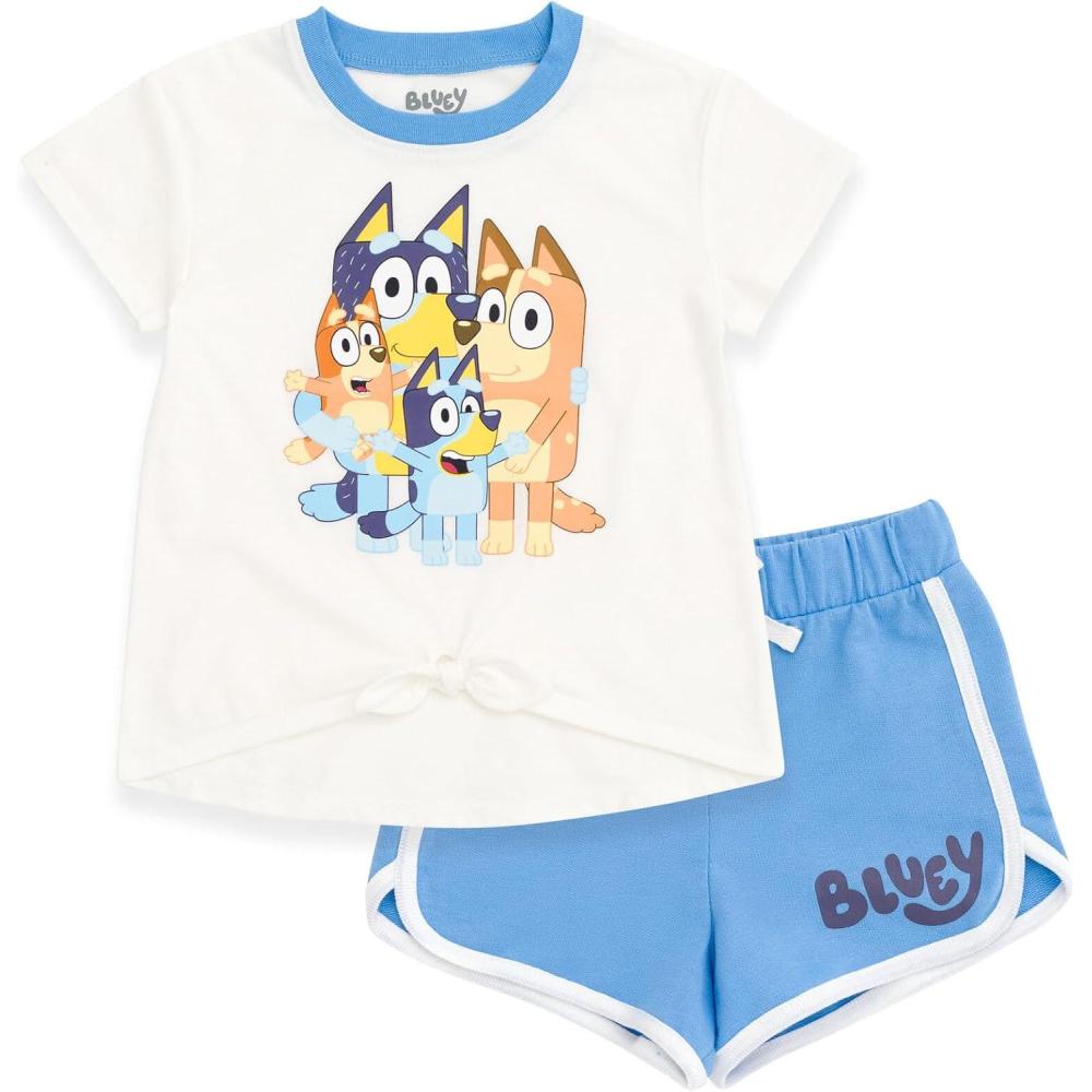 imageBluey Girls TShirt and French Terry Dolphin Shorts Outfit Set Toddler to Big Kid Sizes 2T 1012White Blue