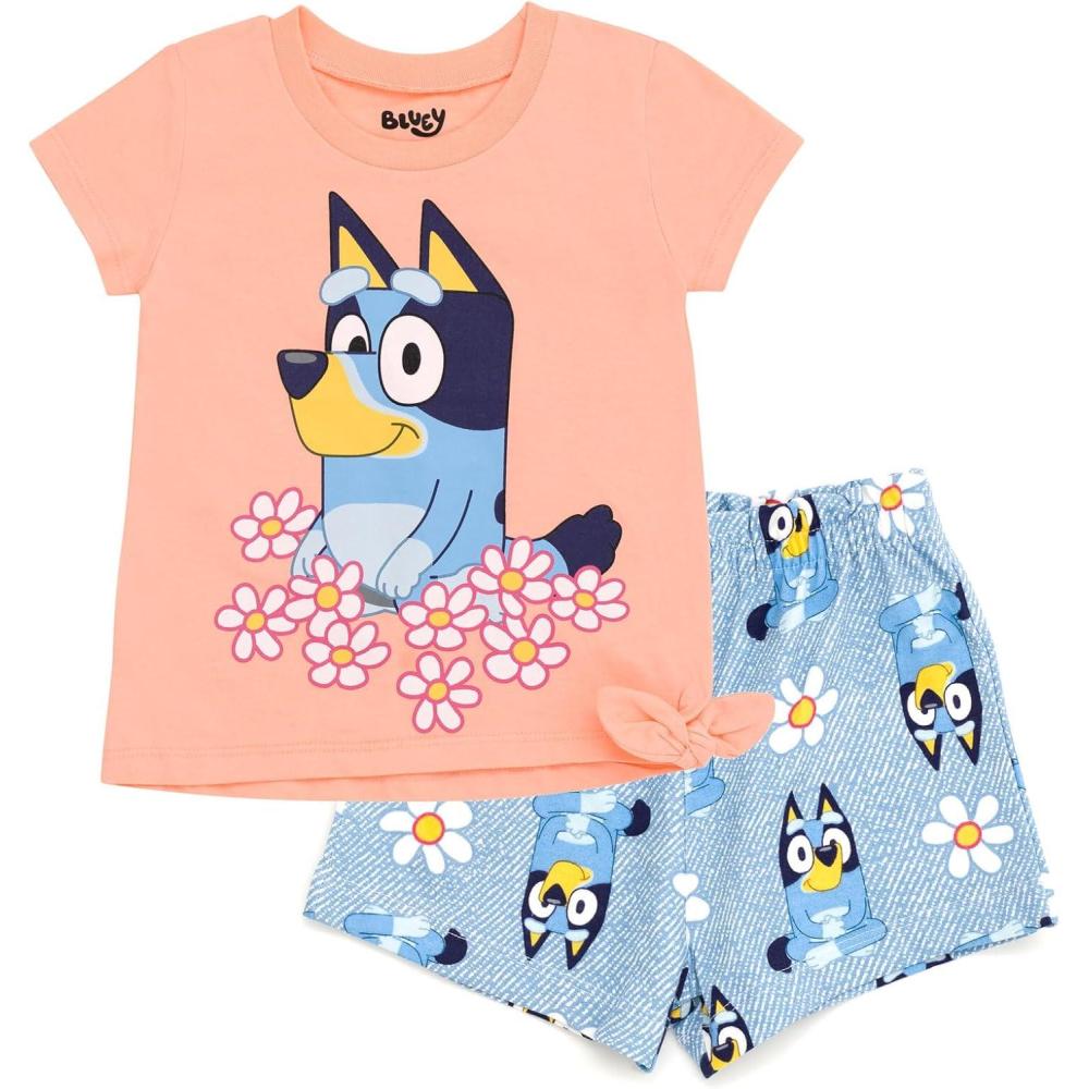 imageBluey Girls TShirt and French Terry Shorts Outfit Set Toddler to Big Kid Sizes 2T 1012Pink Blue