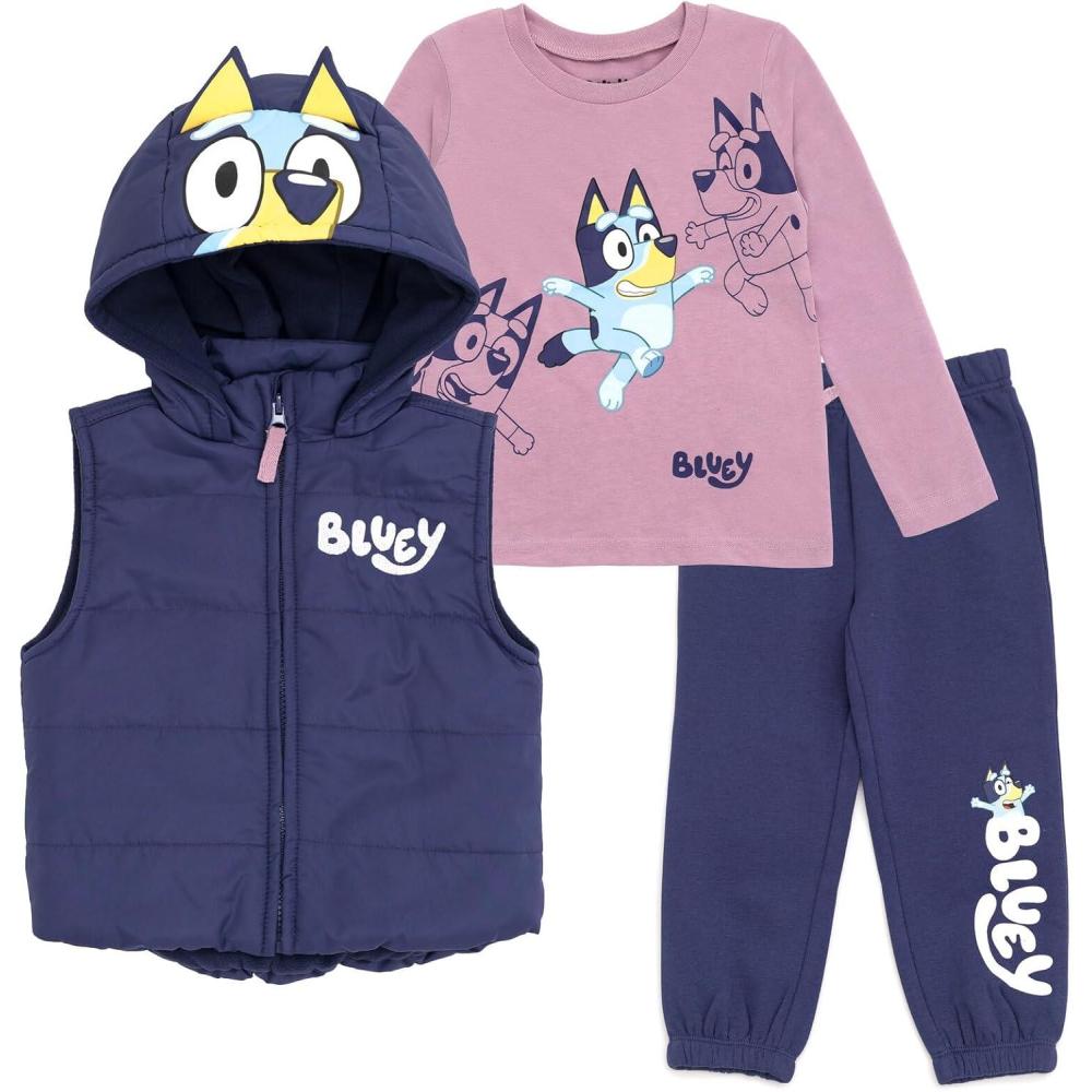 imageBluey Girls Zip Up TShirt and Jogger Fleece Pants 3 Piece Toddler to Big KidBlue Gray