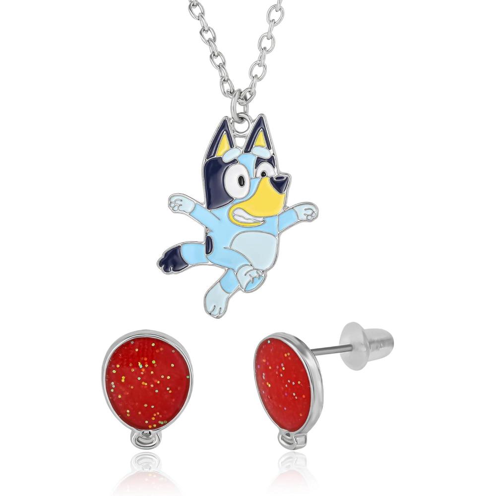 imageBluey Jewelry for Girls Official License Red Ballon Stud Earrings and Bluey Necklace 16quot3 Kids Jewelry Set