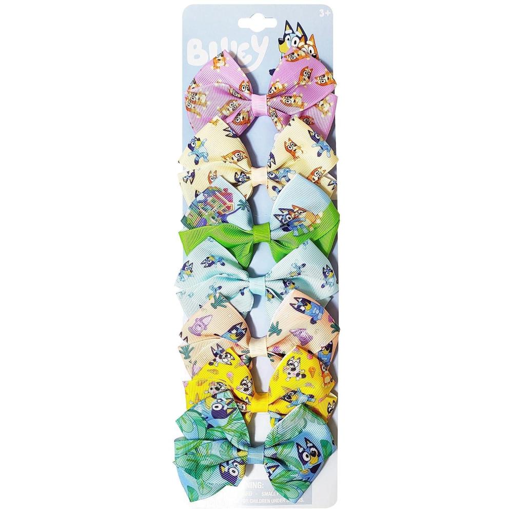 imageBluey Kids Hair Bows Hair Accessories Gift Set Bluey Hair Bow 7 Pcs 4 Inch Bow Bundle HairBows for Girls Different Bluey print on each clip Alligator Clip Ages 3 Bluey