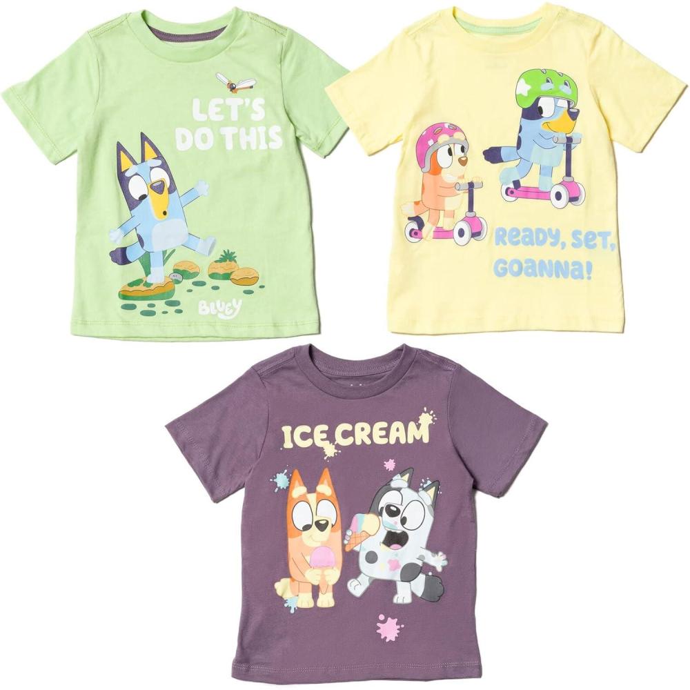 imageBluey Shirts 3 Pack Boys TShirts for Summer Pack of 3 Boys Tshirt Kids Cotton T ShirtGrey Yellow Green