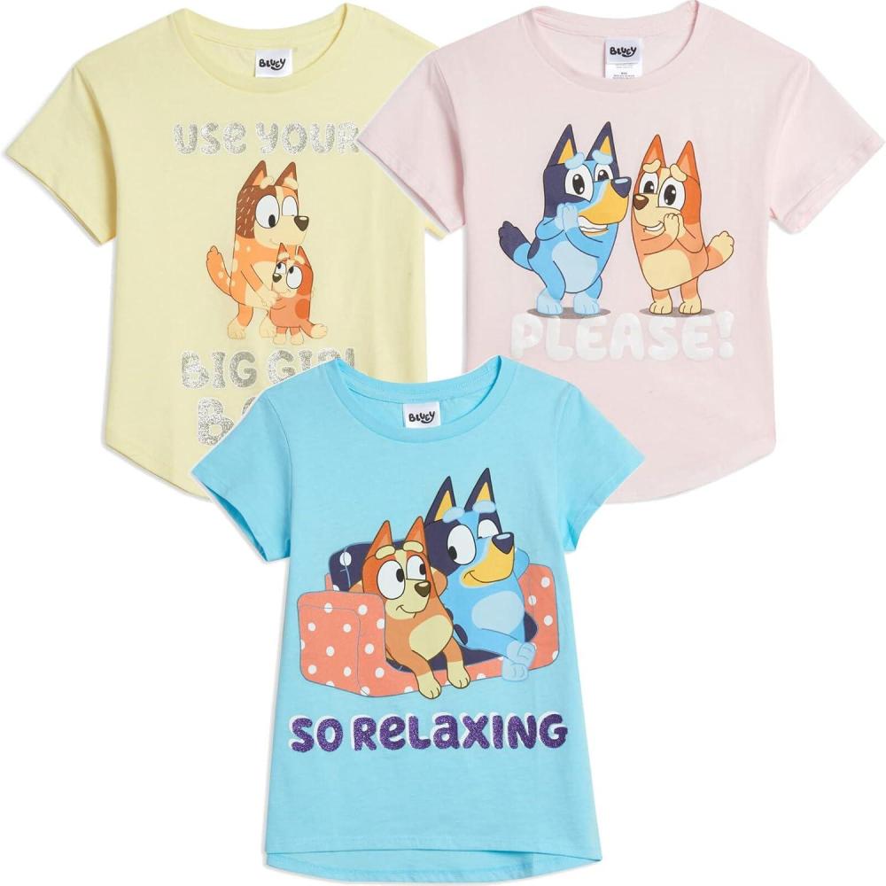 imageBluey Shirts 3 Pack Girls Short Sleeve Shirt for Summer Pack of 3 Girls Tops Cotton Kids TshirtBlue  Pink  Yellow