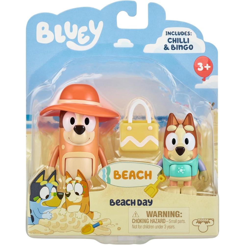 imageBluey Showtime Figurine Toys Pack of 4 Articulated Character Toys with Bingo Bandit and Chilli Figurines Small Action Figures for Kids Ages 3Beach Day