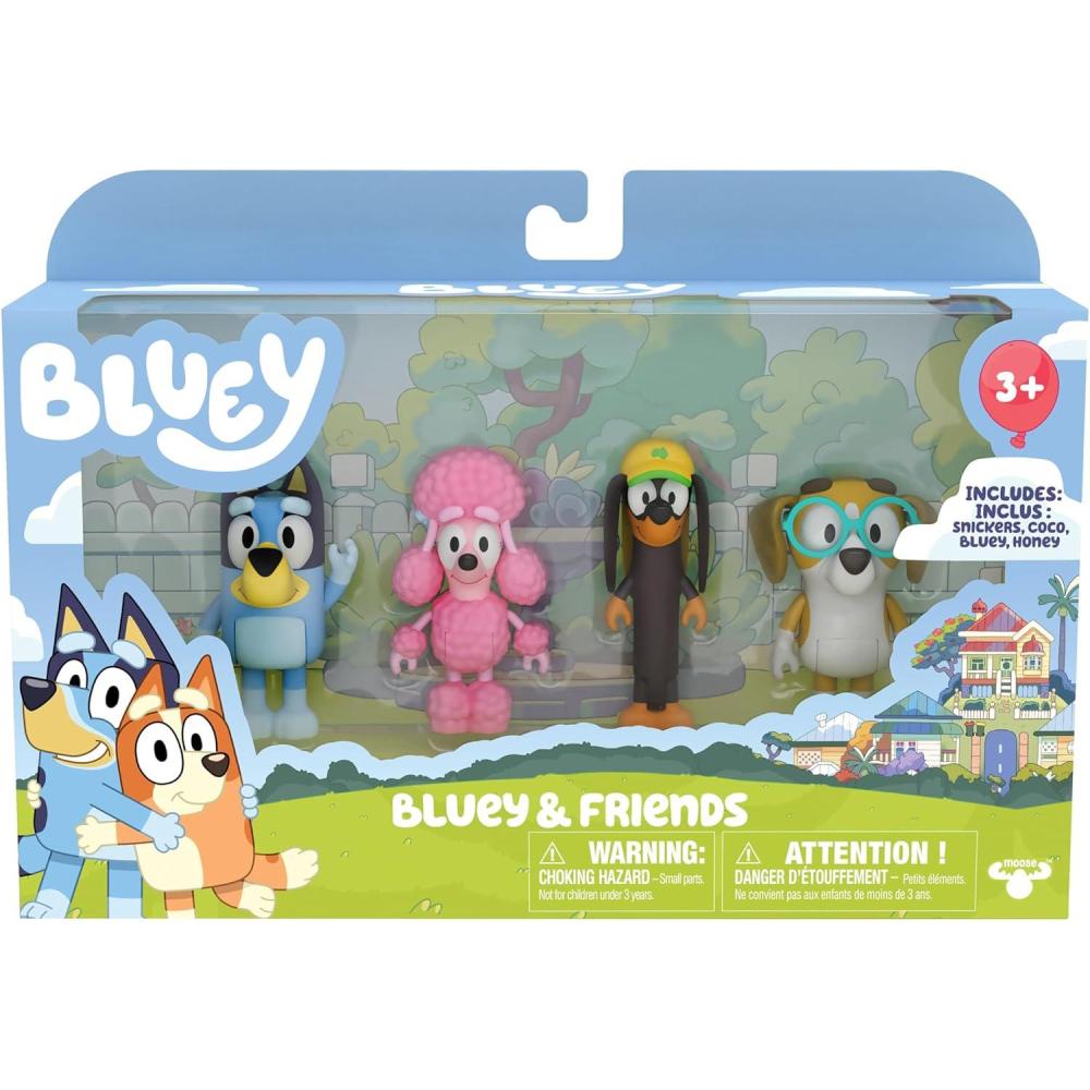 imageBluey Showtime Figurine Toys Pack of 4 Articulated Character Toys with Bingo Bandit and Chilli Figurines Small Action Figures for Kids Ages 3Friends Pack