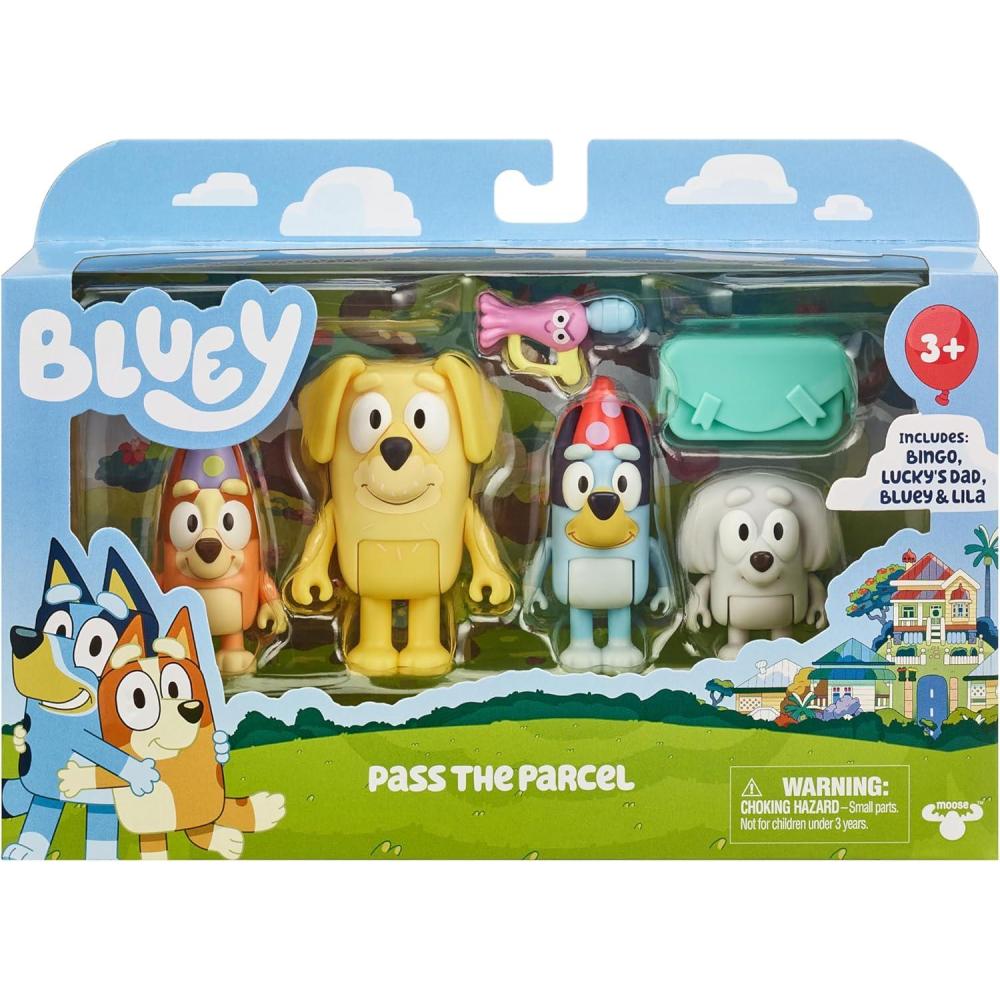 imageBluey Showtime Figurine Toys Pack of 4 Articulated Character Toys with Bingo Bandit and Chilli Figurines Small Action Figures for Kids Ages 3Pass the Parcel