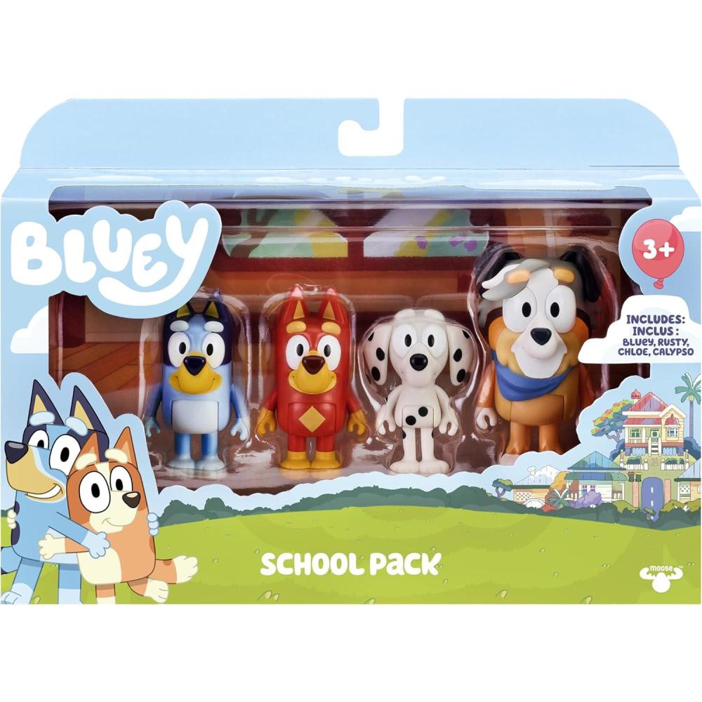 imageBluey Showtime Figurine Toys Pack of 4 Articulated Character Toys with Bingo Bandit and Chilli Figurines Small Action Figures for Kids Ages 3School Pack