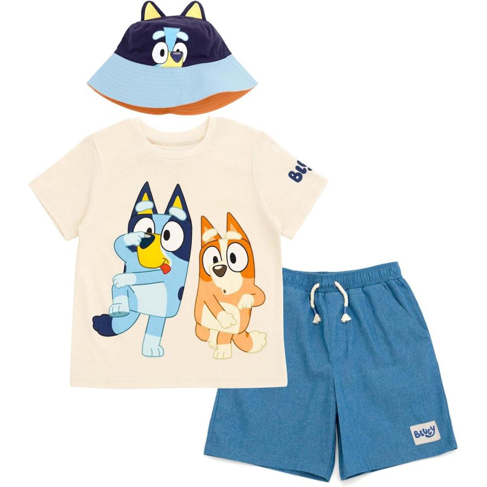 imageBluey TShirt Chambray Shorts and Twill Bucket Sun Hat 3 Piece Outfit Set Toddler to Big KidBlue Orange