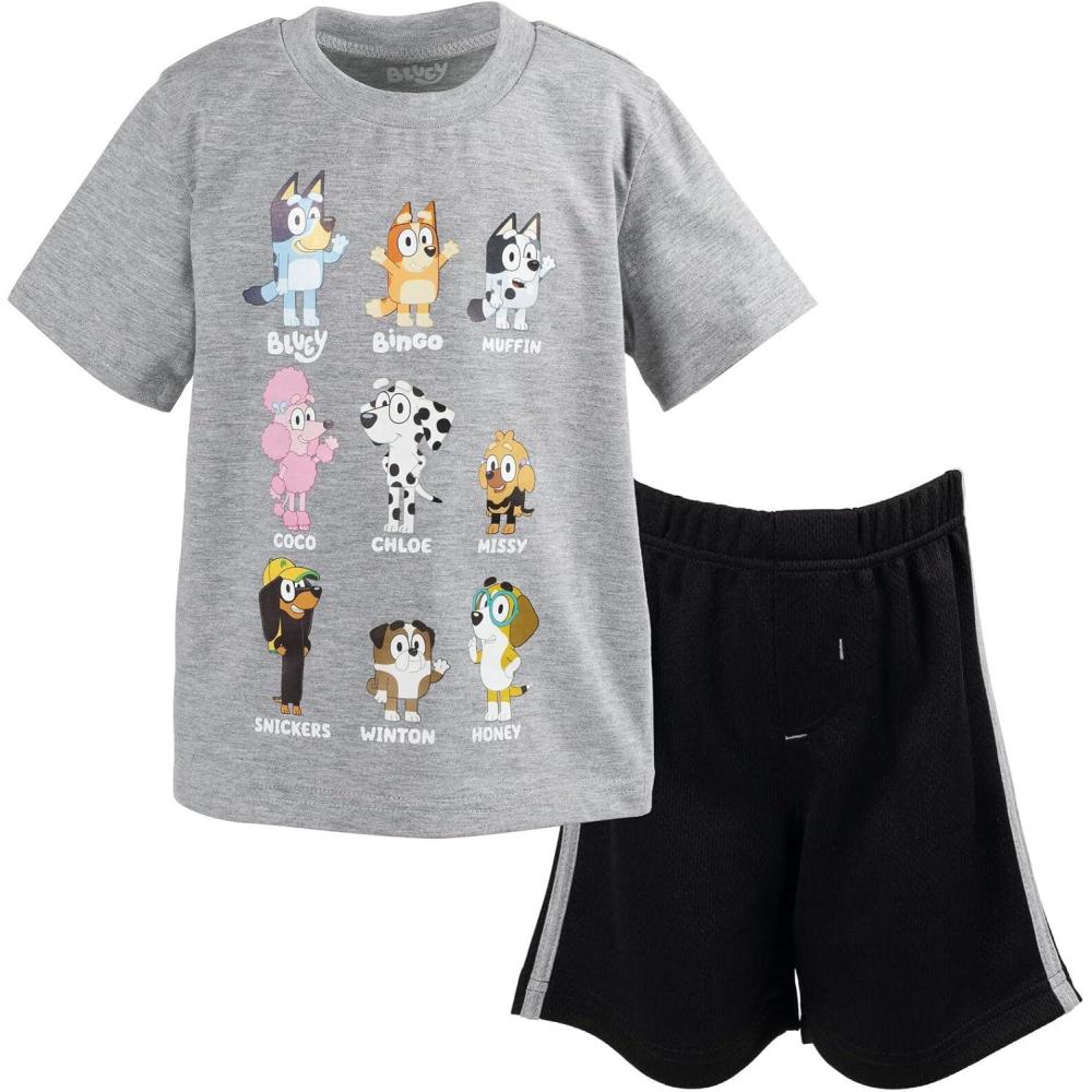 imageBluey TShirt and Mesh Shorts Outfit Set Infant to Big Kid Sizes 12 Months 1012Black Grey