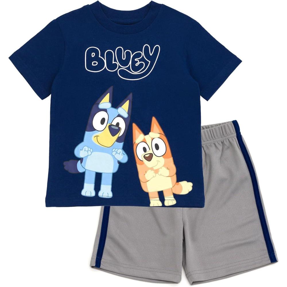 imageBluey TShirt and Mesh Shorts Outfit Set Infant to Big Kid Sizes 12 Months 1012Blue Silver