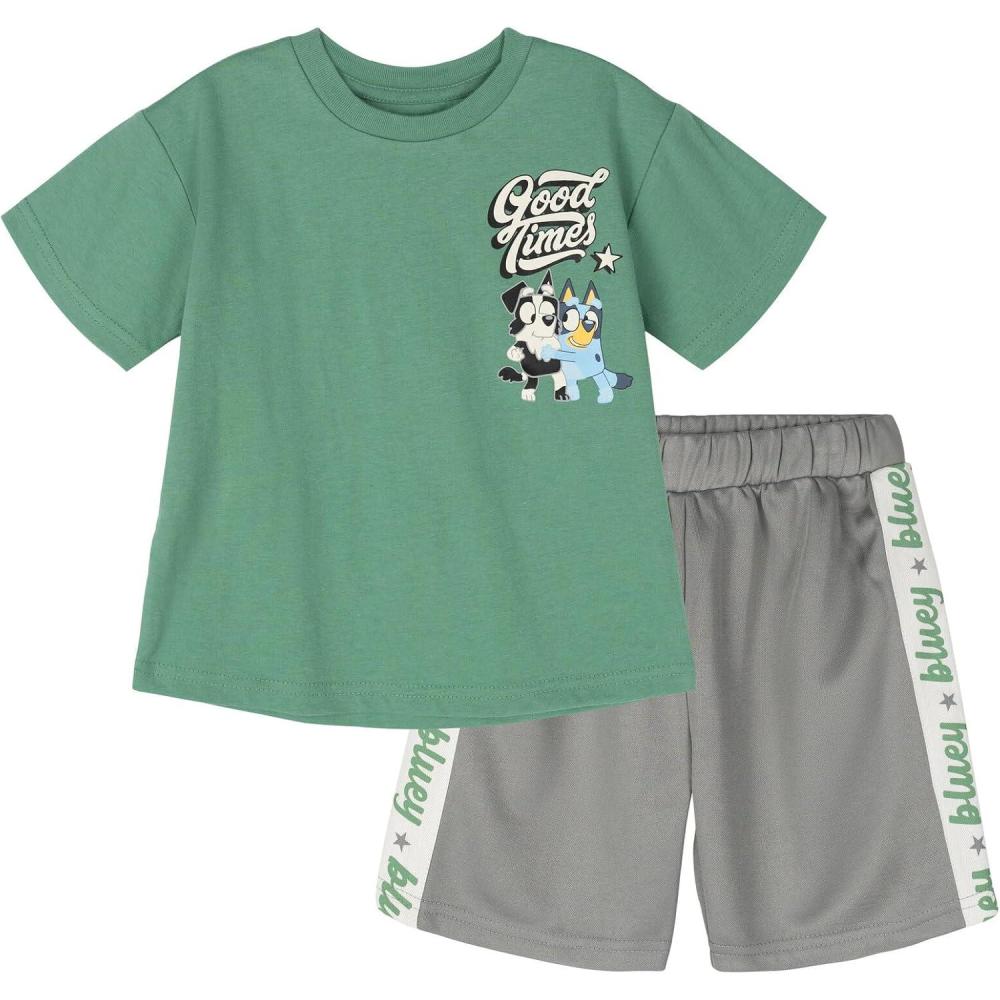 imageBluey TShirt and Mesh Shorts Outfit Set Infant to Big Kid Sizes 12 Months 1012Sage Green Gray