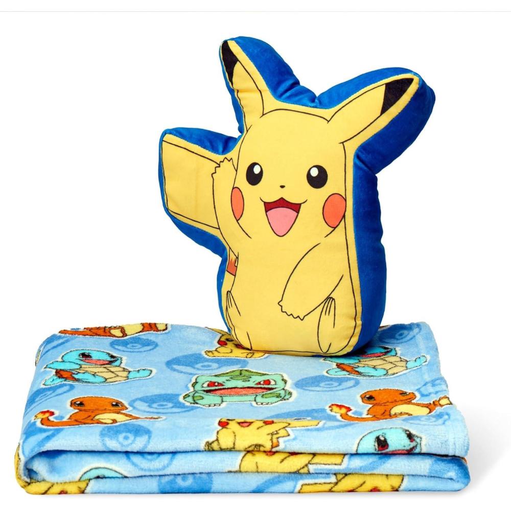 imageBluey Throw ampamp Plush Hugger Set 50quotx60quot Silk Touch Blanket with 3D Character Pillow  Soft Cozy Blanket for Kids and ToddlersPikachu Cute