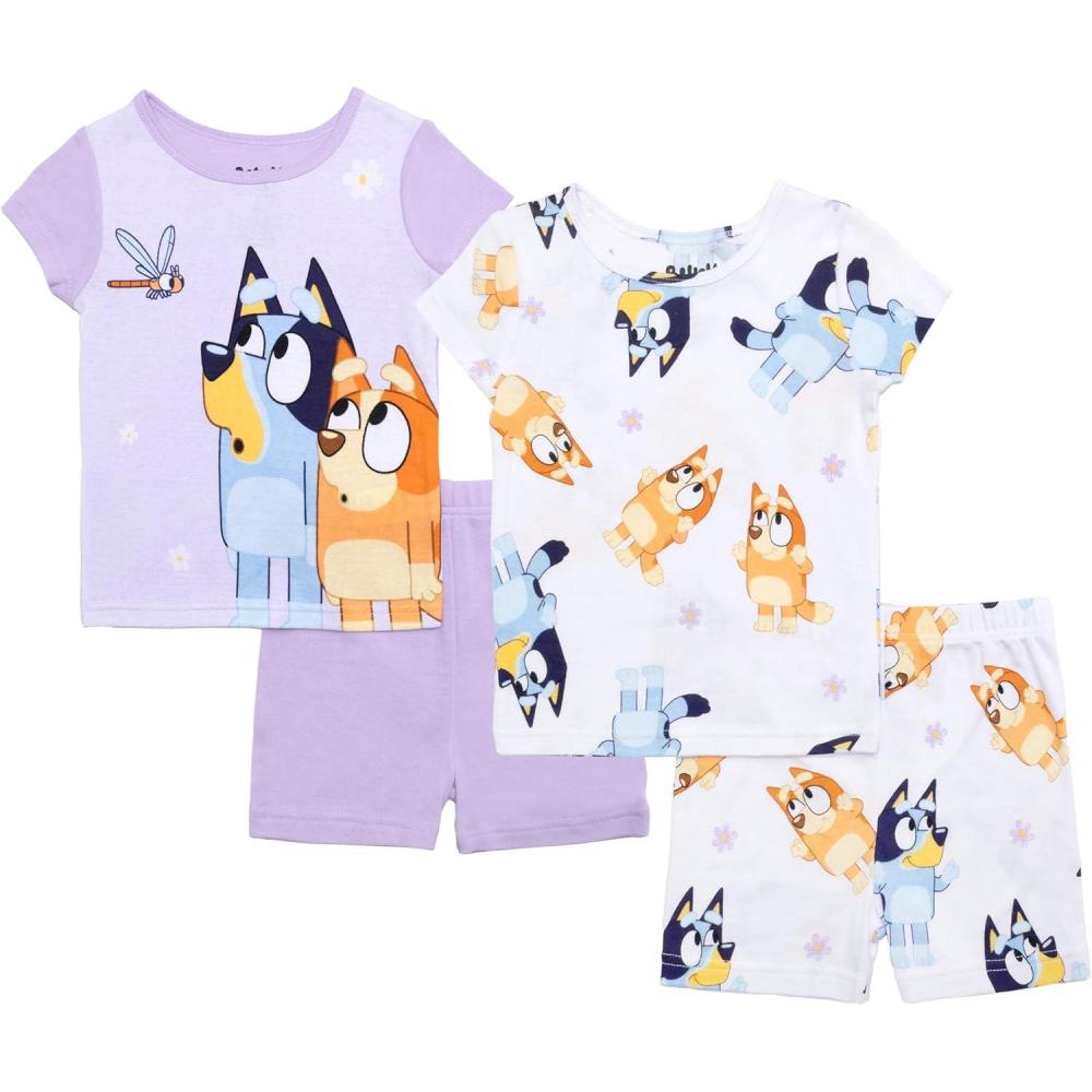 imageBluey Unisex Kids 4Piece Snugfit Cotton ShortSleeve Matching Pajama Set Soft ampamp Cute for KidsHappy Bluey Bingo